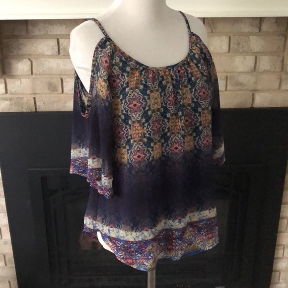 DayTrip Blue Cold Shoulder Chiffon Overlay Tank size XS - Picture 7 of 9
